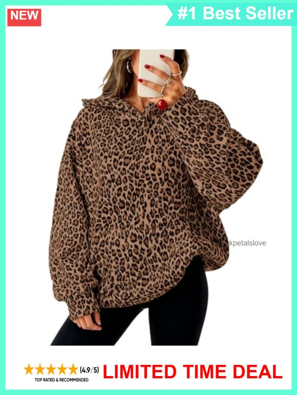 Oversized Fleece Hoodie Leopard Print Pullover Y2K Streetwear